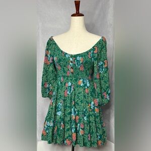 Free People Cezanne Smocked Mini Dress - Green Floral - Size Small - EUC